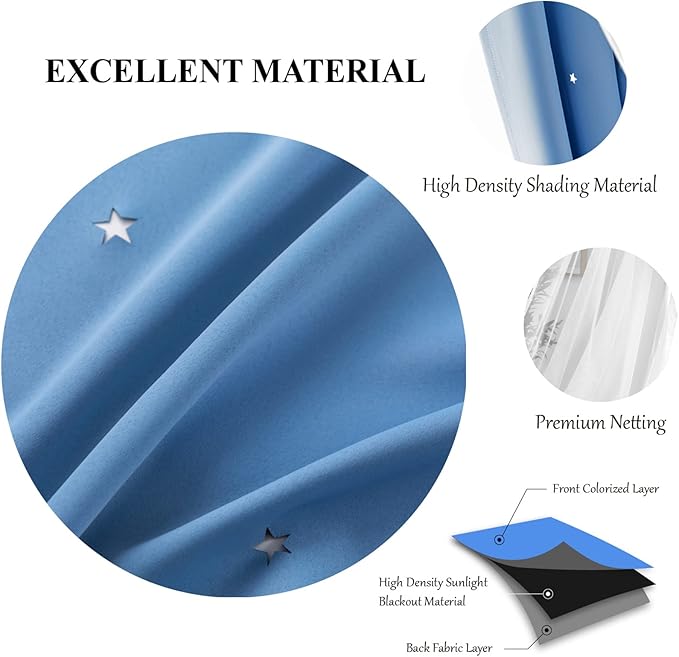 Star Double Layer Blackout Curtains for Bedroom, Kids - Cute, 72 Inch Long 2 Panel Set, Blue, 42 x 72 Inch