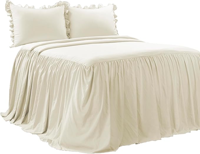 Lush Decor Ruffle Skirt Bedspread Set - 3-Piece Luxurious Farmhouse Bedding - Elegant Ruffle Detail - Timeless Style - Soft Lightweight Sheets - King, Ivory