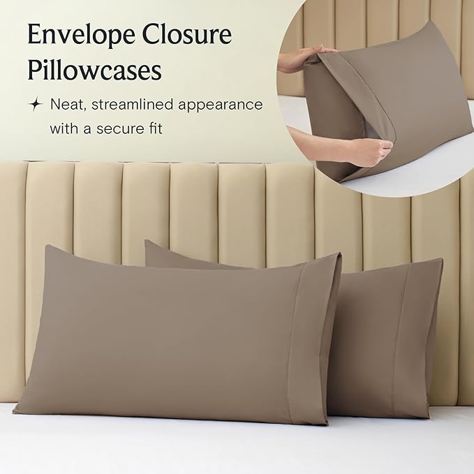 LuxClub 4 PC Full Sheet Set, Deep Pockets Wrinkle Free Cooling Bed Sheets Hotel Bedding for Women, Men, Kids & Teens, Includes 1 Fitted Sheet, 1 Flat Sheet and 2 Pillowcases-Soft Dark Khaki