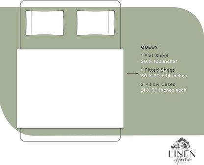Linen Home 100% Cotton Percale Sheets Queen Size, Oil Green, Deep Pocket, 4 Pieces Set - 1 Flat, 1 Deep Pocket Fitted Sheet and 2 Pillowcases, Crisp Cool and Strong Bed Linen