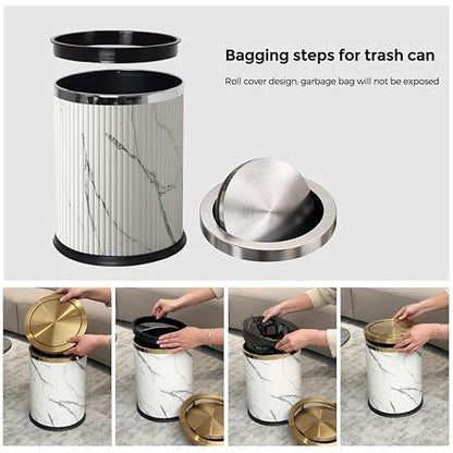 4 Gallon / 15L Trash Can Bathroom with Swing Lid, White Gold Garbage Can, Leather, Modern, Large Office Waste Basket, for Bedroom, Kitchen, Powder Room, Hotel, Business(15L Ink Marble)