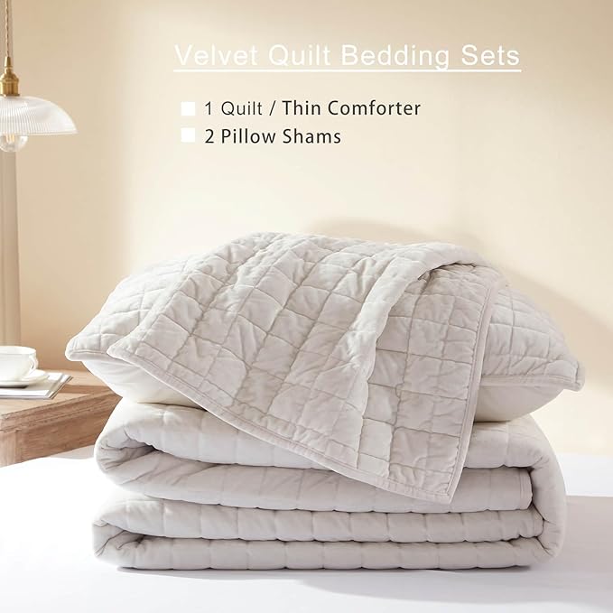 LEAONME Velvet Quilt Full/Queen Size-90''x98'', Lightweight White Velvet Comforter Set with 2 Pillow Shams, Soft Bedspread Coverlet Quilted Bedding Set for All Season