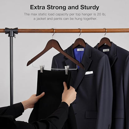 Wooden Hangers with Clips 12 PCS Pant Hangers with Clips,Smooth Solid Wooden Pants Hangers,360 Swivel Hooks & Adjustable Clips,for Jeans,Skirt,Suit,Shorts,Scarf.（Walnut）