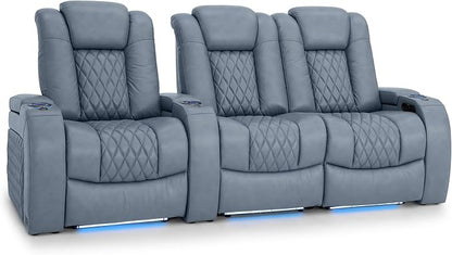 Seatcraft Diamante Zero-Gravity CoolZero Italian Leather Home Theater Seating, Power Headrest, Power Recline, Row of 3 Right Loveseat, Smokey Blue