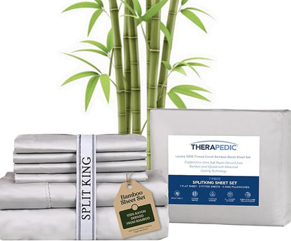 Therapedic 1000TC Split King 7-Piece Sheet Set - 100% Organic Rayon Dervied from Bamboo Blend with Cooling Fiber, Ideal for Hot Sleepers - 16" Deep Pocket Fitted Sheet, Bonus Pillowcases - Light Grey