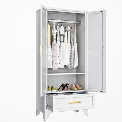 COFaR 71 Farmhouse Metal Wardrobe Closet with Hanging Rod, 2 Barn Doors, Adjustable Shelves, Steel Armoire with Drawer for Home, Bedroom White