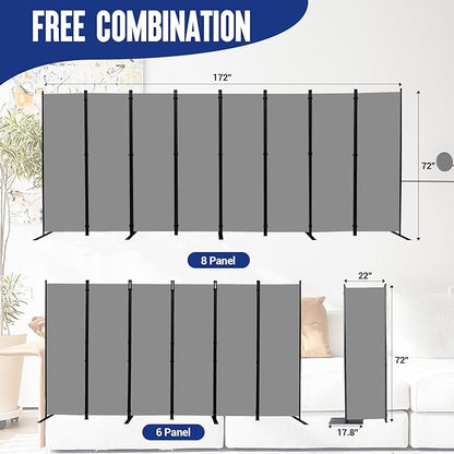 Room Divider and Folding Privacy Screens 8 Panel, 14.67 Ft Wide Partition Room Dividers, Portable Room Divider Panel for Room Separtition, Large Wall Dividers for Room, Office, School,Studio Grey