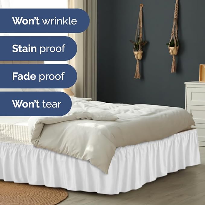 Wrap Around Dust Ruffle Bed Skirt - White - Twin/Twin XL Size Beds with 21 Inch Drop - Easy Fit Elastic Strap - Adjustable Pleated Bedskirt w/Brushed Fabric - Wrinkle Free - Women, Men, Kids & Teens