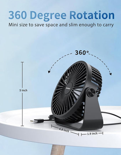 TriPole USB Desk Fan Portable Mini Fan Powerful 3 Speeds Wind Personal Desktop Fan with 360° Head Rotation for Home Office Car Indoor Outdoor 2 Pack Black, No Battery, 4.5 Inches