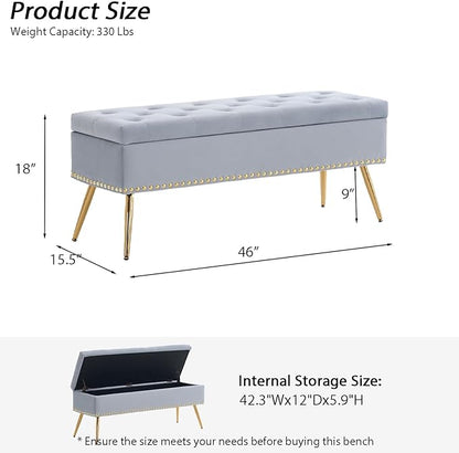 Velvet Storage Bench with Gold Legs& Nailhead Trim, 46" Wide Upholstered Modern Bedroom Bench for End of Bed, Tufted Ottoman for Entryway Living Room Dining Room (Gray, 46" Wide)