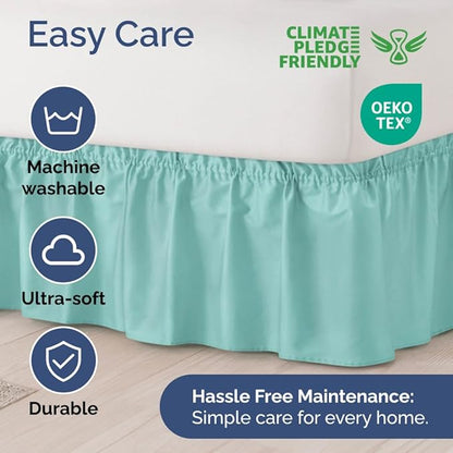Wrap Around Dust Ruffle Bed Skirt - Spa Blue - for Queen Size Beds with 24 Inch Drop - Elastic Strap - Adjustable Pleated Bedskirt with Brushed Fabric and Wrinkle Free - for Women, Men, Kids & Teens