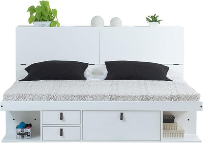 memomad Bali Set: Storage Platform Bed with Drawers + Bookcase Headboard (King Size, White Wood)