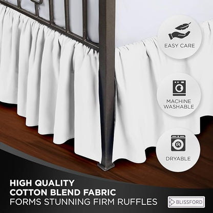 BLISSFORD White Bed Skirt Full Size 21 inch Drop - with Split Corners - Cotton Blend Ruffle Bed Skirt, Dust Ruffle with Platform, White Full Size Bedskirt, Machine Washable