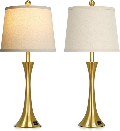 27.5" Gold Lamps Set of 2, Touch Control 3-Way Dimmable Bedside Nightstand Lamps Bedroom Lamp,Modern Gold Table Lamp with USB A+C Ports,Tall Lamps for Living Room End Table Home Office