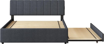 Queen Size Upholstered Platform Bed with Trundle and 1 Sets of USB, Linen Fabric Full and Twin Double Bed w/LED Lights with APP for Bedroom,Dark Gray