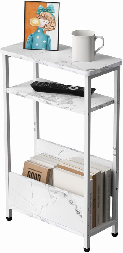 THUMEYE 7.1" Narrow Side Table for Small Spaces, 3 Tier Small End Table with Magazine Holder, Slim/Skinny Nightstand/Bedside Table, 15.4" L x 24.2" H, Faux White Marble with White Legs