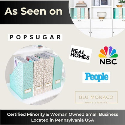 BLU MONACO | Set of 4 Foldable Pink & Aqua Magazine File Holders with Gold Geometric Patterns | Vertical File Organizer Boxes with Gold Label Holders for Home & Office