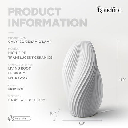 RONDURE 11.9" Modern Ceramic Table Lamp, Fully Dimmable Modern Bedside Lamps for Bedroom, Living Room and Nightstand, White Translucent Ceramic Shade, Warm Ambient Lighting, Corded, Bulb Included