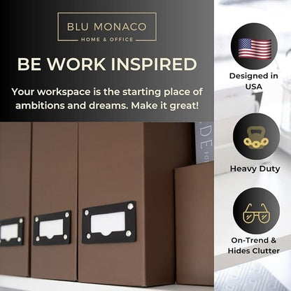 BLU MONACO Set of 6 Foldable Brown Magazine File Holders with Brown Leather Label Holders – Elegant Magazine Storage Containers & Desk Organizer for Office