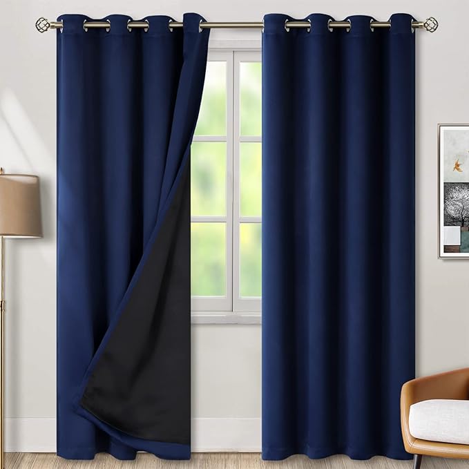 BGment Thermal Insulated 100% Blackout Curtains for Bedroom with Black Liner, Double Layer Full Room Darkening Noise Reducing Grommet Curtain (52 x 84 Inch, Navy Blue, 2 Panels)