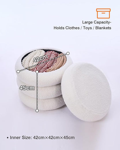 Round Set of 2 Sherpa Storage Ottoman Stool Boucle Vanity Stool Footstool with Removeable lid Load up to 440 lbs for Livingroom Bedroom White UASND68W