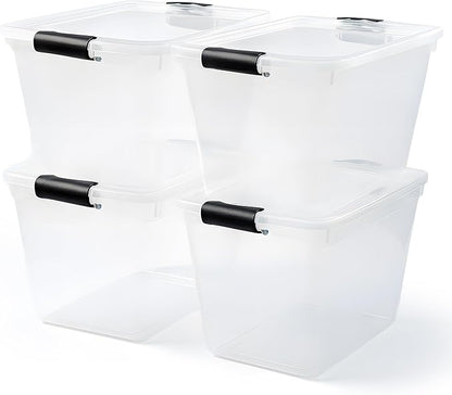 HOMZ 4-Pack 31 Quart Latching Lid, Clear Plastic Storage Organizer Bins, Gray – Stackable Containers for Home & Office Shelves, Kitchen, Garage, and Bathroom Organization