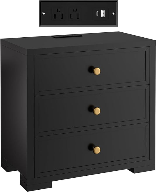COWMOU Nightstand with Drawers 3 Drawer Night Stand with Charging Station Farmhouse Style Large Bed Side Table for Bedroom Living Room (1, Black)