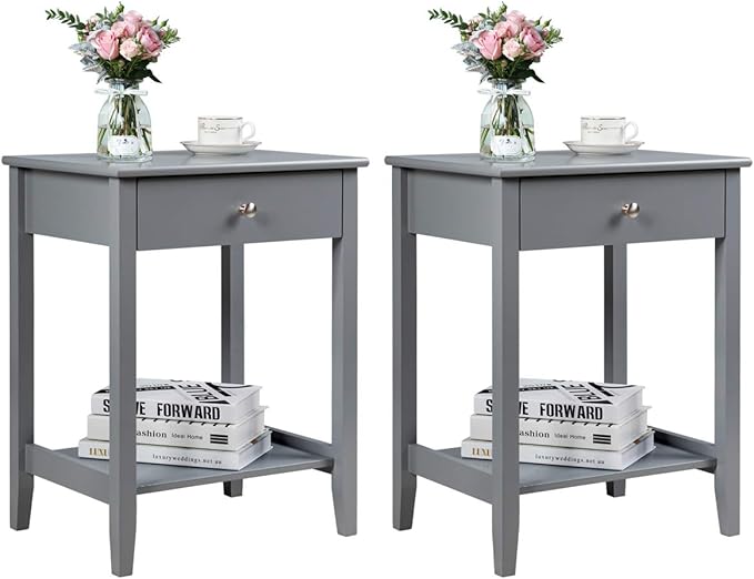 Giantex Nightstand Wooden 2-Tier Couch Sofa Side Table with Drawer, Storage Shelf, Solid Wood Legs,Mufti-Functional Home Furniture for Living Room Bedroom Study Room End Table (2, Gray)