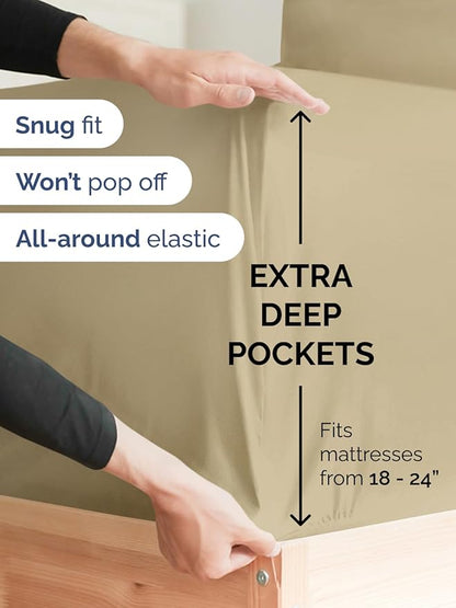 Extra Deep Twin Sheet Set - 4 Piece Breathable and Cooling Sheets - Hotel Luxury Bed Sheets Set - Easy & Secure Fit - Soft, Wrinkle Free and Comfy Sheets Set - Beige Sheet Set with Extra Deep Pockets