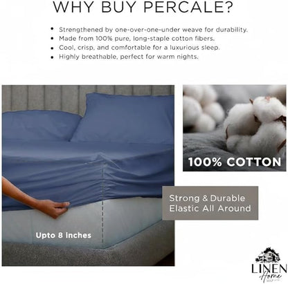 Linen Home 100% Cotton Percale Sheet Set, Cal King Size, Baby Blue, Deep Pocket, 6 Pieces Set - 1 Flat, 1 Deep Pocket Fitted Sheet and 4 Pillowcases, Crisp Cool and Strong Bed Linen