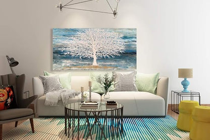 RICHSPACE ARTS Modern Tree Canvas Wall Art Teal Blue and White Pictures Large Abstract Decor Framed Landscape Oil Painting Artwork with 3d Texture and Gold Foil for Living Room Bedroom(20W*40L