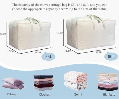 Soft Canvas Clothes Storage Bags with Four Carrying Handles and Clear Window, Closet Organizer for Clothing, Blankets Sheets Pillows and Bedding, 55L, 2 Pack, White