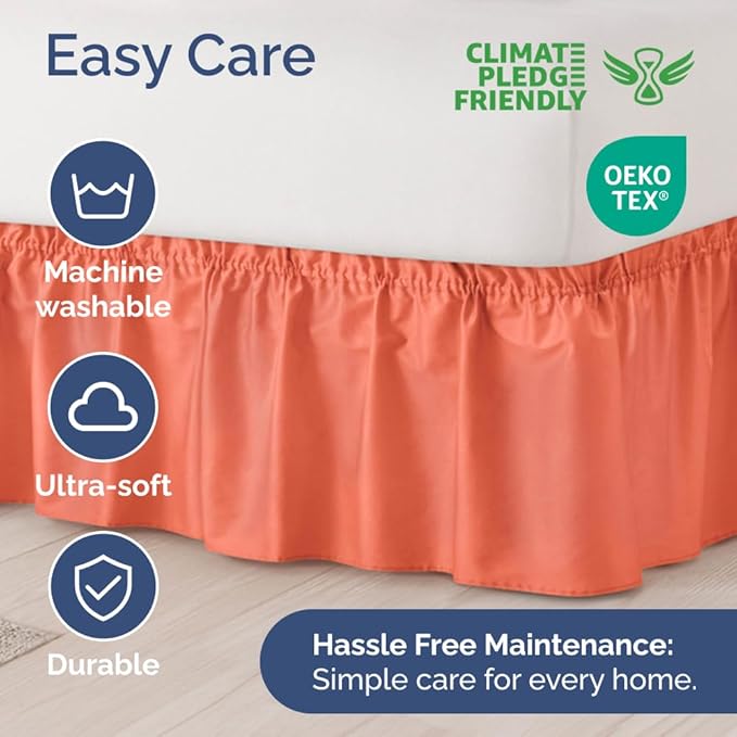 Wrap Around Dust Ruffle Bed Skirt - Coral - Twin/Twin XL Size Beds with 12 Inch Drop - Easy Fit Elastic Strap - Adjustable Pleated Bedskirt w/Brushed Fabric - Wrinkle Free - Women, Men, Kids & Teens