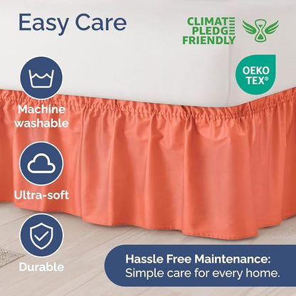 Wrap Around Dust Ruffle Bed Skirt - Coral - Twin/Twin XL Size Beds with 15 Inch Drop - Easy Fit Elastic Strap - Adjustable Pleated Bedskirt w/Brushed Fabric - Wrinkle Free - Women, Men, Kids & Teens