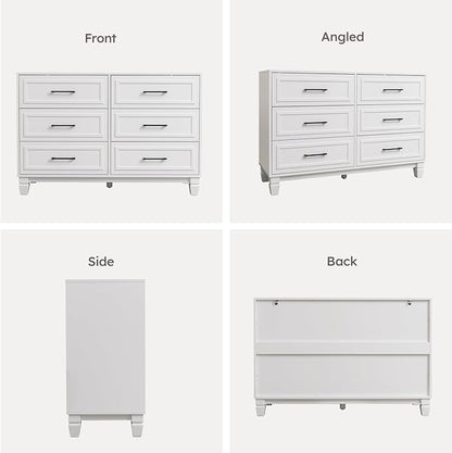 Farmhouse 6 Drawers Dresser for Bedroom, White Dressers with Unique Solid Wood Legs, Modern Wide Chest Dressers for Clothes, Closet, Living Room