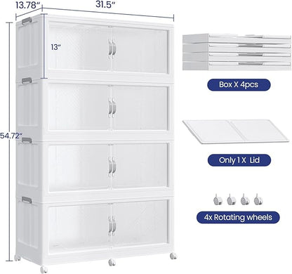 640QT Plastic Stackable Storage Bins with Lid, 160GAL Extra Large Collapsible Box with Wheels Clear Door, Foldable Closet Organizer Container Cabinet Drawer for Home Kitchen，4Pack, White