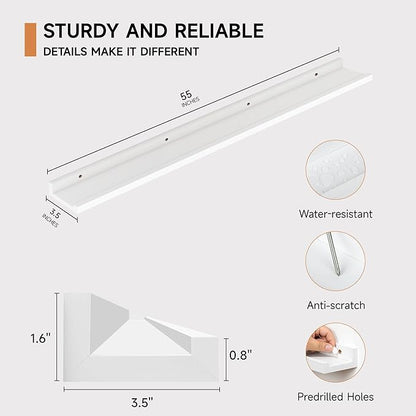 Floating Picture Ledge Shelves for Wall Set of 2, 55 Inches Picture Shelf with Ledge, Nursery Book Shelf for Toys Storage Kids Bookshelf Wall Mounted Living Room Bedroom Decor Frames, White
