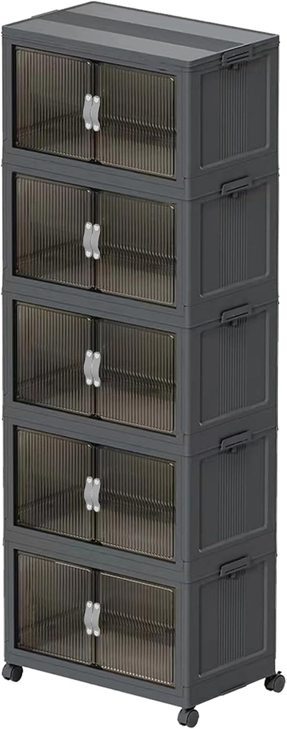 Stackable Storage Bins, Collapsible Stackable Storage Containers Bin with Doors & Wheels, Folding Plastic Closet Foldable Cabinet Storage Boxes for Home, Pantry, Office, (S, Gray 5-Tier)