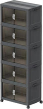 Stackable Storage Bins, Collapsible Stackable Storage Containers Bin with Doors & Wheels, Folding Plastic Closet Foldable Cabinet Storage Boxes for Home, Pantry, Office, (S, Gray 5-Tier)