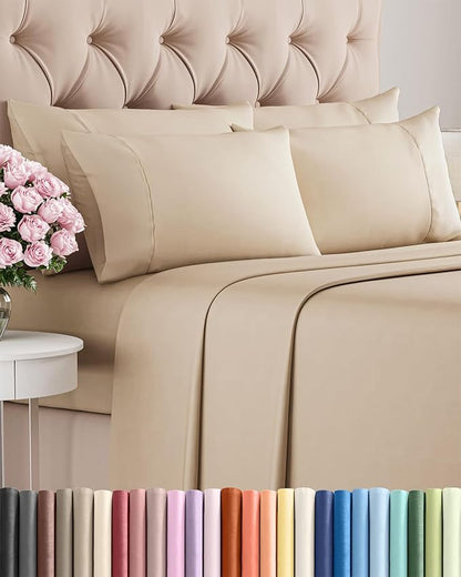 Queen 6 Piece Sheet Set - Comfy Breathable & Cooling - Ultra Soft Hotel Luxury Bedding Set w/ 8-16 Inch Deep Pockets - 1 Flat & 1 Fitted Sheet & 4 Pillowcases - Cozy, Wrinkle Free & Easy Care - Cream