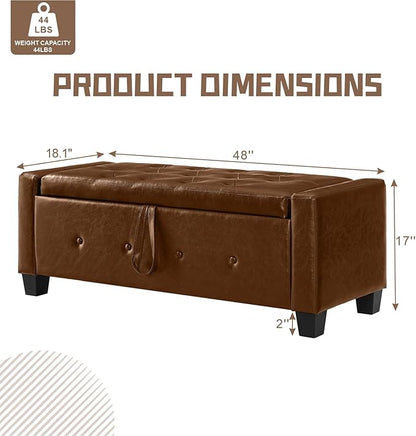 48” Storage Ottoman Bench, Upholstered Button-Tufted End of Bed Bench with Soft-Close Hinge & Solid Wood Legs, Foot Rest for Living Room, Bedroom, Hallway (Faux Leather, Brown)