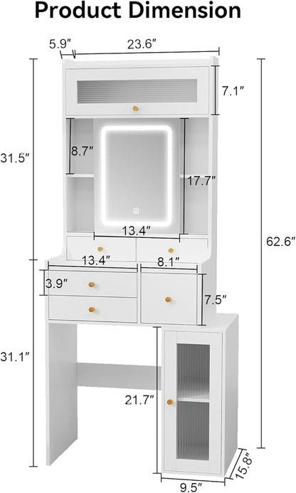 ARTETHYS Small Vanity Desk with Sliding Mirror and Lights White Makeup Vanities Set with Drawers Compact Dressing Table with Cabinet and Adjustable Shelves for Bedroom