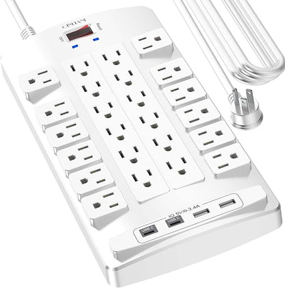 Surge Protector Power Strip - QINLIANF 20Ft Flat Plug Heavy Duty Extension Cord with 24 Outlets and 4 USB Ports(2 USB-C Ports), 1875W/15A, 4100J, for Home, Office, Dorm, ETL Listed, White