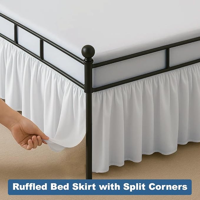 Ruffled Bed Skirt Split Corners with Platform, Tailored Fit Hotel Quality Wrinkle Free Ultra-Soft Microfiber Dust Ruffle, Upto 24 Inch Drop, Queen, White