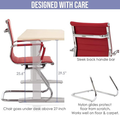 Wahson Office Guest Chairs Set of 6, Leather Reception Chairs, Mid Back Waiting Room Chair, Conference Chairs with Sled Base, Desk Chair No Wheels for Meeting/Lobby/Restroom, Dark Red