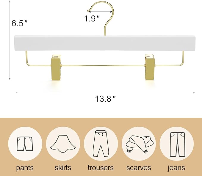 TOPIA HANGER White Wooden Pants Hangers with Gold Clip, 10 Pack Skirt Short Trousers Jeans Slacks Hangers with 360 Swivel Hook and 2 Adjustable Clips with Rubber Padded for Closet, CT50WG