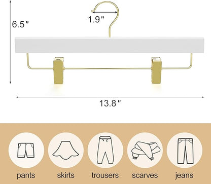 TOPIA HANGER White Wooden Pants Hangers with Gold Clip, 10 Pack Skirt Short Trousers Jeans Slacks Hangers with 360 Swivel Hook and 2 Adjustable Clips with Rubber Padded for Closet, CT50WG
