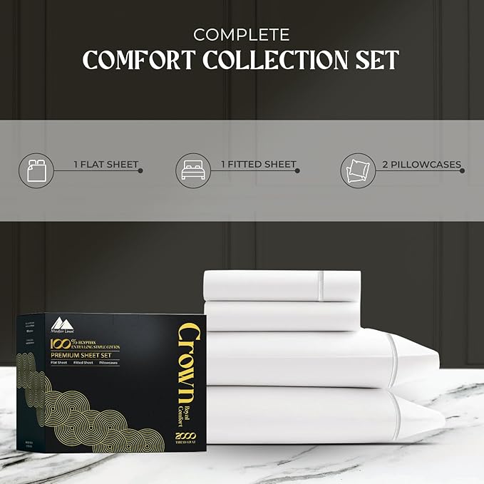 Mayfair Linen 100% Egyptian Cotton King Sheets Set - 2000 Series Luxury Sheets King Size Bed Set, Silky Soft & Cooling, Sateen Weave 17" Extra Deep Pocket Hotel Collection Sheet (4 Pc, White)