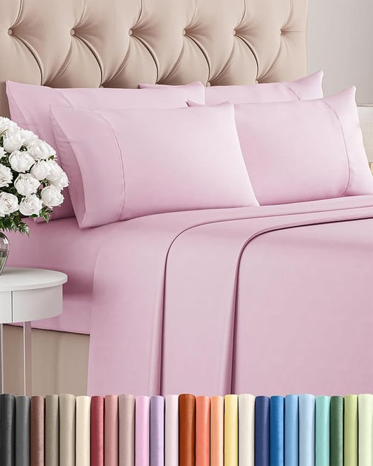 Full 6 Piece Sheet Set - Cooling, Comfy & Breathable - Hotel Luxury Bedding, Includes Fitted Sheet for Women, Men, Kids & Teens - 1 Flat, 1 Fitted Sheet, 4 Pillowcases with Deep Pockets - Light Pink