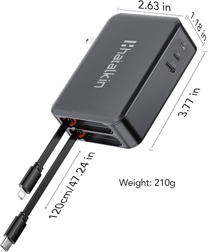 65W for MacBook Pro Charger,5-in-1 Retractable Wall Charger Plug for iPhone 17, Dual 3.94 ft PD USB C Cable&3 Ports, Fast Charging Block for Mac Book Pro/Air, M1 M2 M3 M4, iPad Pro,Galaxy,Pixel